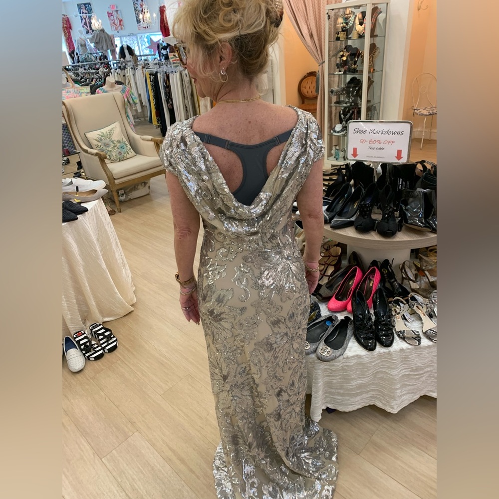 Clavin Klein size 4 Beige with silver sequin evening gown